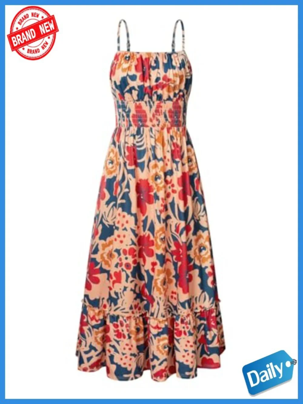 Smocked Floral Maxi Dress with Pockets, Boho Beach Sundress